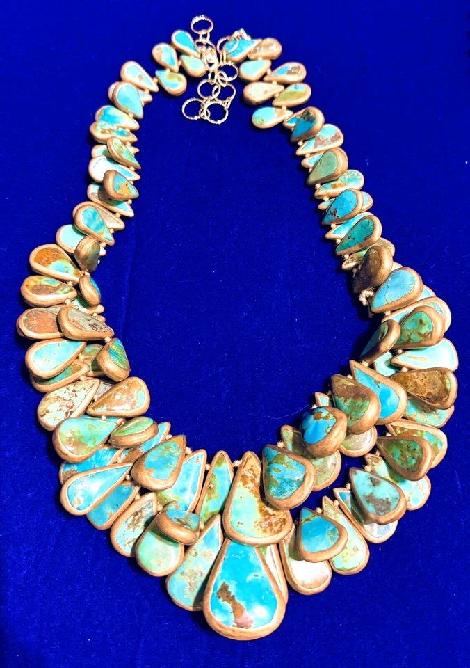 Natural Turquoise Graduated Gold Edge Tear Drop Necklace 220 grams