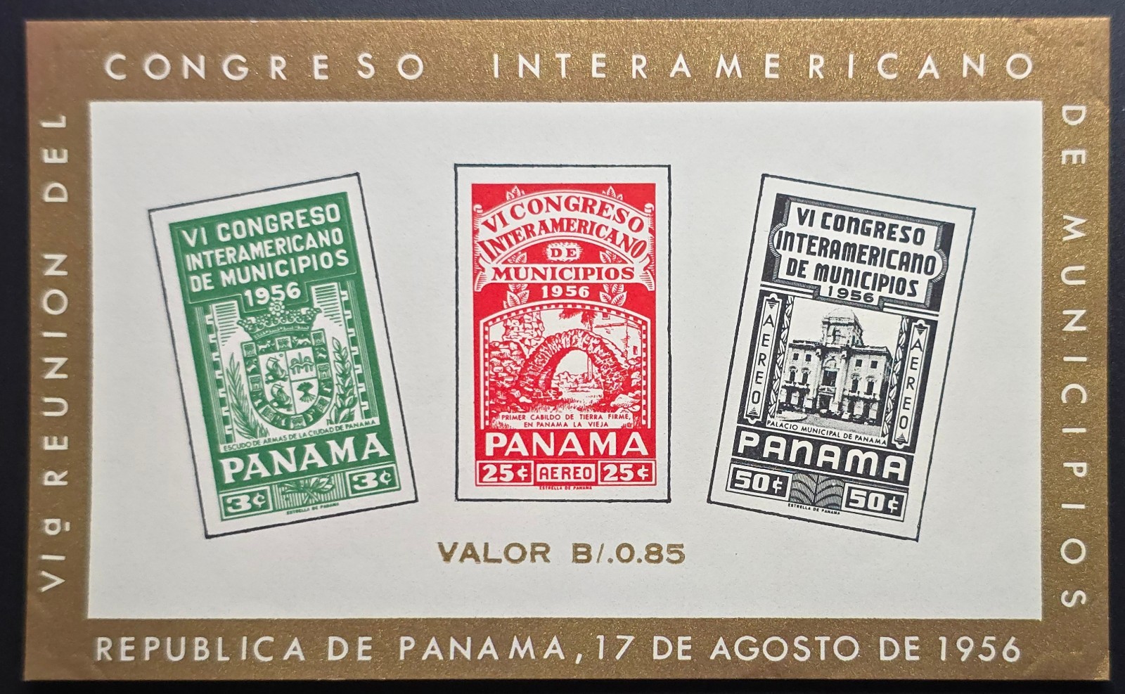 Panama 1956 VI Congreso Interamericano Municipios Imperf Souvenir Sheet MNH Gold