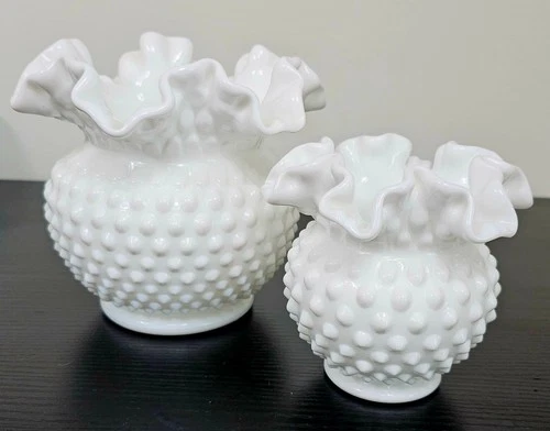 2 piece Vintage Milk Glass Hobnail Bowls with ruffled edge Fenton