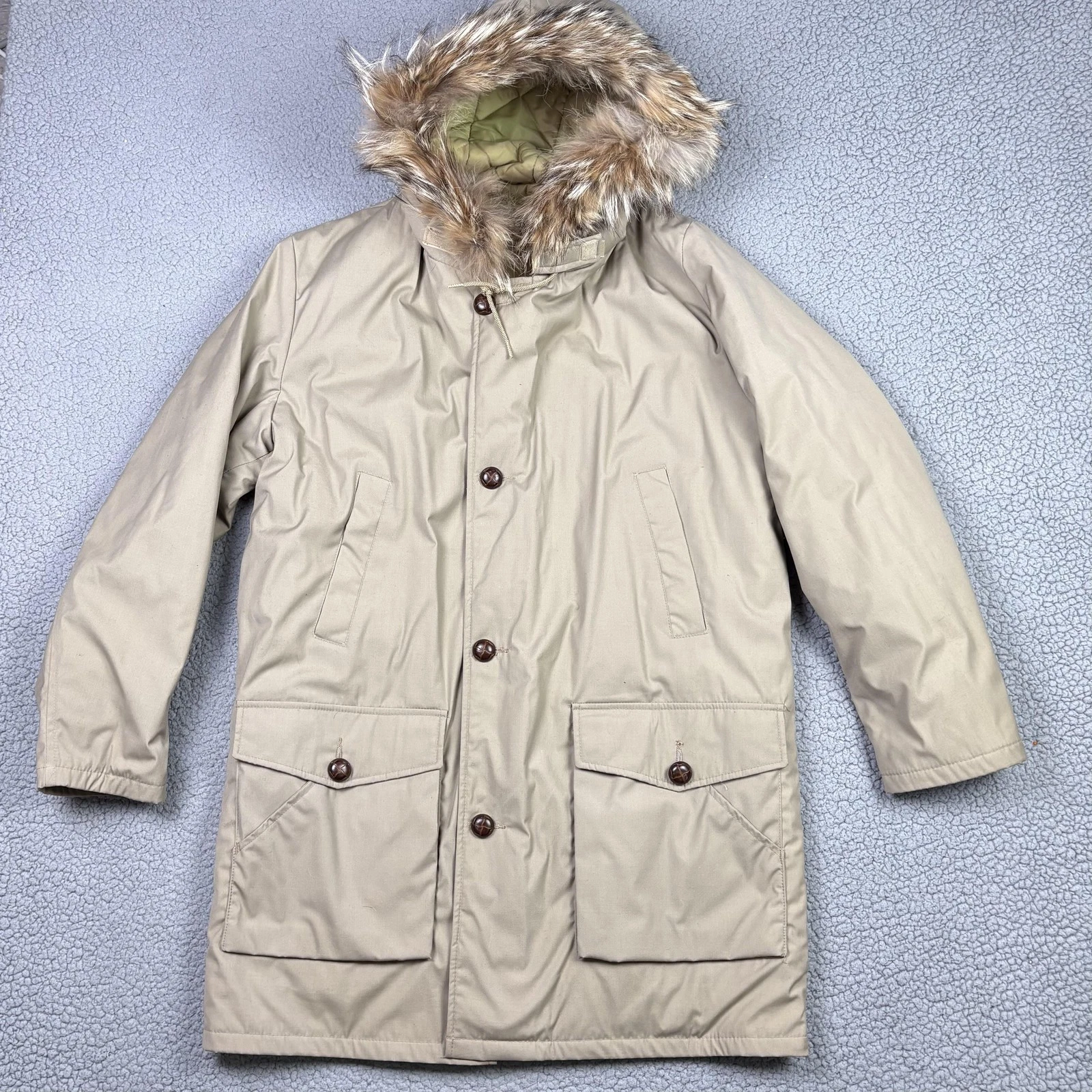 Vintage Field & Stream Coat Mens 38 Beige Thinsulate Fur Hood Winter Parka 80s