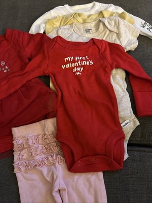 Newborn Baby My  First Valentine Onesie Lot 4 Bodysuit 1 Pink Ruffle Pants 0-3 M
