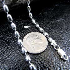 4MM Solid 925 Sterling Silver Italian Oval Rice Bead DOG TAG Chain Necklace