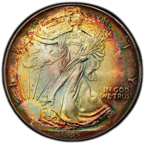 MS68 1995 $1 ASE Silver Eagle Dollar, PCGS Trueview- Nicely Rainbow Toned