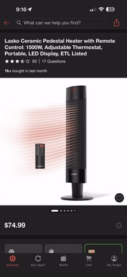 #ad Lasko Ceramic Pedestal Heater 1500W Remote Control Oscillation LED Timer Black $30.00