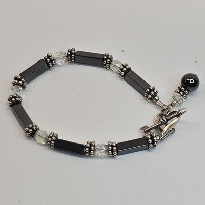 Artisan Hematite Bracelet AB Crystal Beads Heart Arrow Toggle Clasp Silver Tone