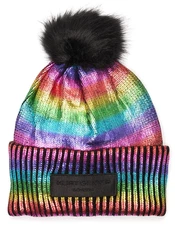 KURT GEIGER Women's Metallic Rib Knit Cuff Beanie Hat Faux Fur Pompom Rainbow