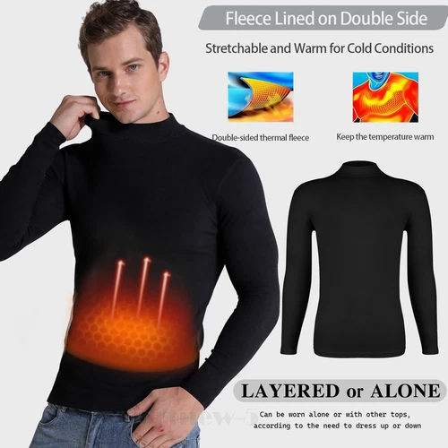Men Long Sleeve Thermal Tops Pullover Underwear Tees Double-side Fleece T-Shirt - Picture 4 of 15