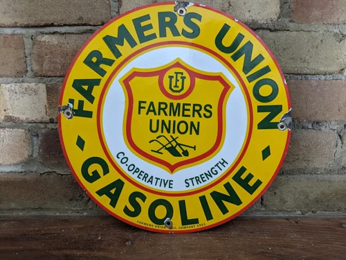 VINTAGE 1961 FARMERS UNION OIL CO. GASOLINE PORCELAIN GAS PUMP SIGN 12"