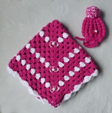hand made crochet baby girls blanket and hat set cerise