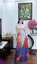 Ao Dai Vietnamese Silk Designer Flowers Long Dress With Pants. Size XL