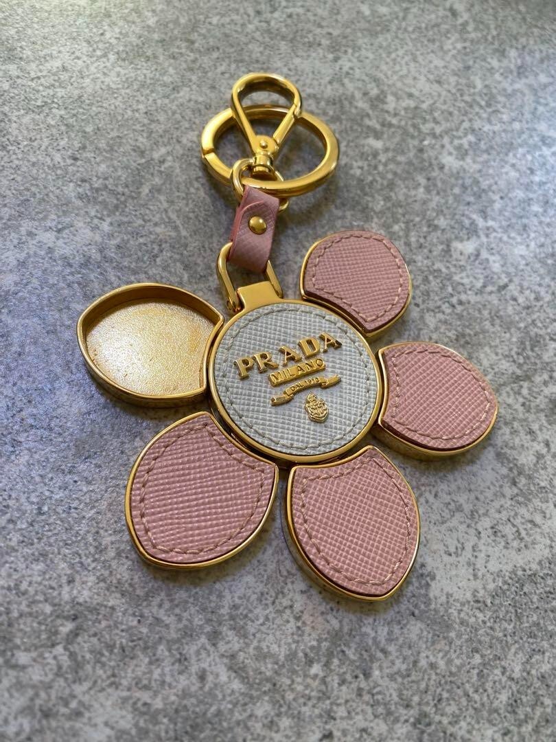 PRADA Keychain Bag Charm Flower Shape Leather Metal Pink