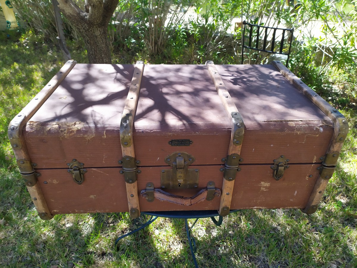 ANCIENNE MALLE VALISE COFFRE BOIS EXPRESS VOYAGE PARIS