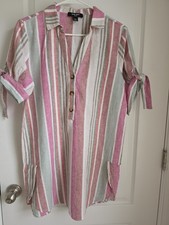 Nine West Striped Button Tie Sleeve Tunic Blouse Pink Green Linen Cotton Size M