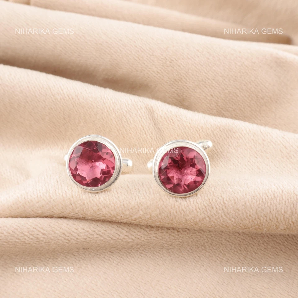 Sterling Silver Pink Tourmaline Gemstone Modern Christmas Fathers Cufflinks - Image 4 of 4