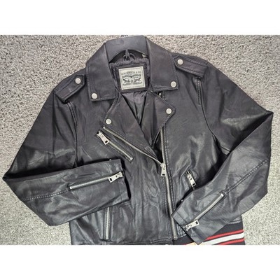 NEW Levi Strauss Faux Leather Jacket Womens Large Black Striped Ribbed Moto Hem
