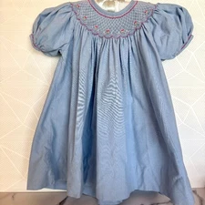 Petit Ami Blue Smocked Bishop Dress 18M Hand Embroidered Floral Detail