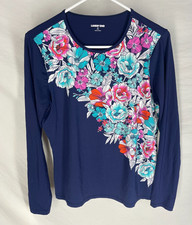 Lands' End Swim Rash Guard Top Woman's Medium 10-12 Blue Floral Long Sleeve