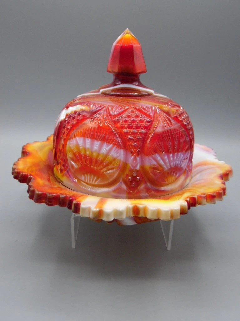 FENTON ART GLASS FOR LEVY RUBY MARBLE RED SLAG BUTTER DISH STRONG CADMIUM GLOW