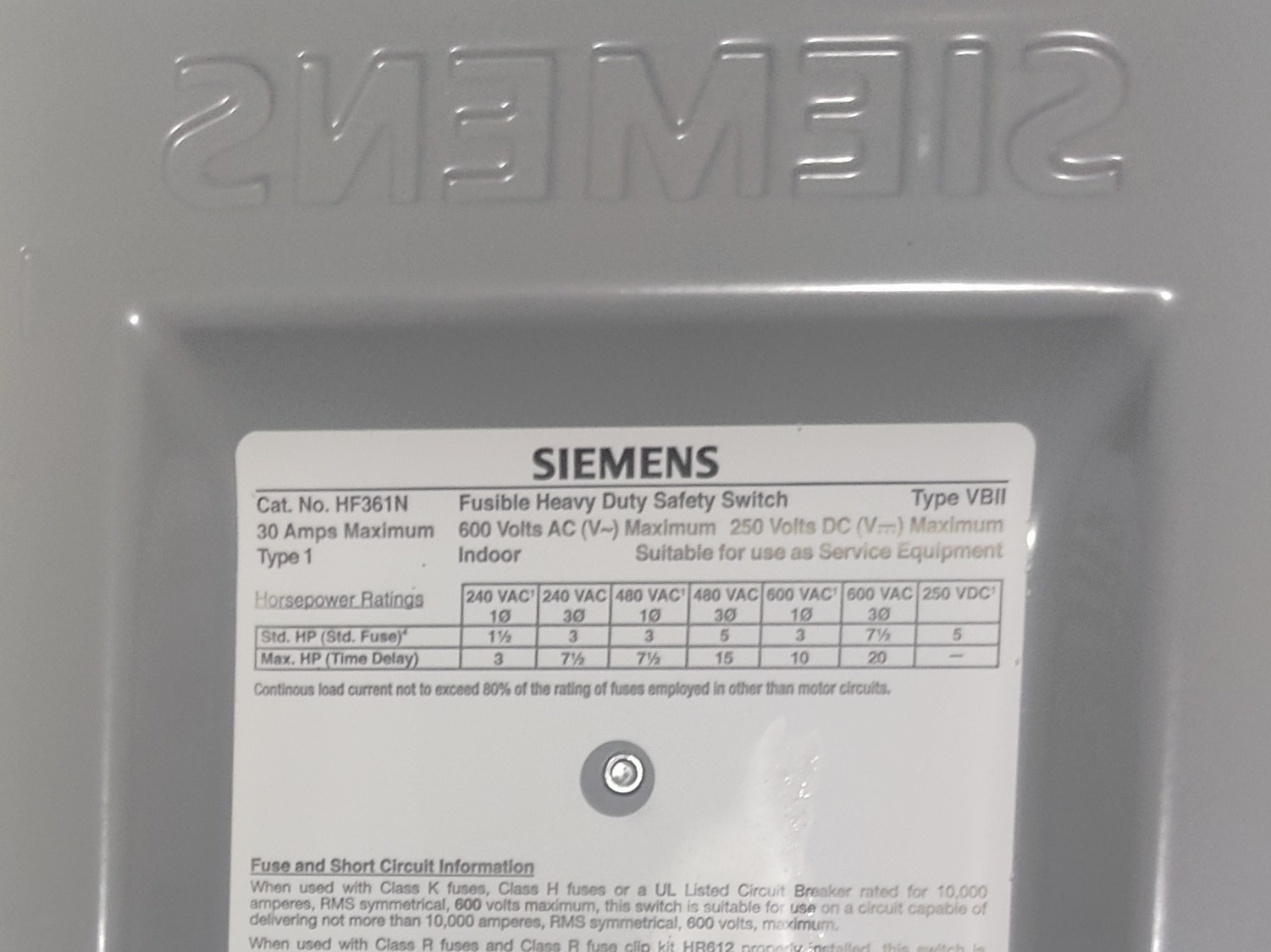 Siemens Disconnect Safety Switch HF361N 30A 600V 3Ph Fusible NEMA Free Shipping! - Picture 9 of 13