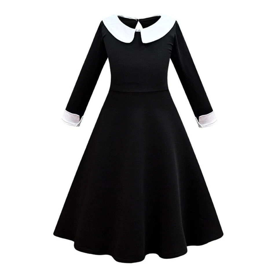 Kids Wednesday Addams Family Costume Girls Black Fancy Dress Wig Party Cosplay - Image 3 of 4