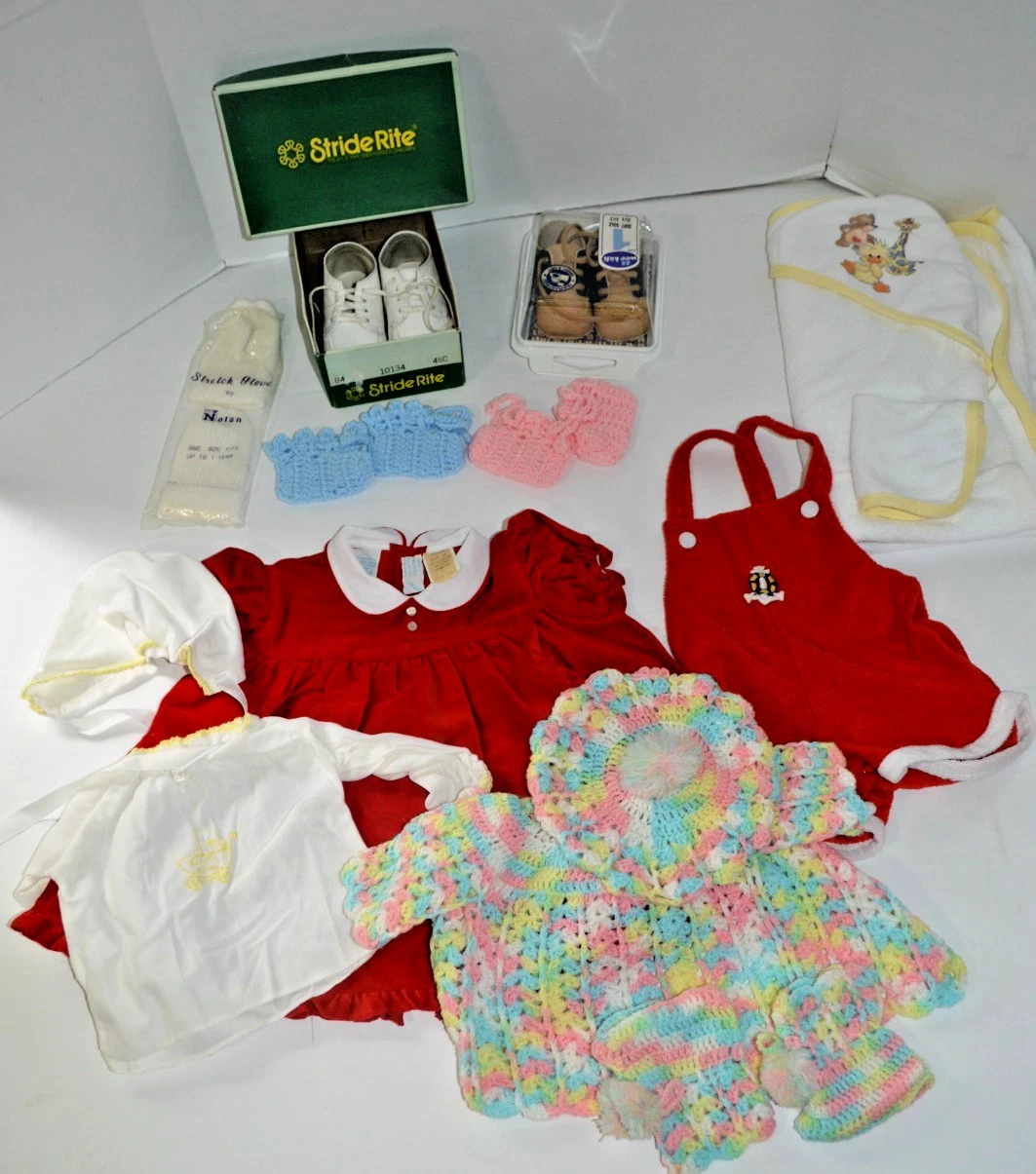 Vintage Baby Clothes/Shoes/Towel 70's-80's- Cherub dress, Stone bibs, Gerber