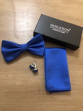 Mens Royal Blue Pre-tied Bow Tie Set with Pocket Square  Cufflinks Formal