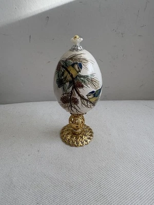 Hollow egg mounted on gold metal stand,Bluetit Bird Pattern - Image 1 of 4