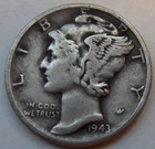 1943 p  Mercury Dime  90% Silver .0723 troy oz.   Very Good