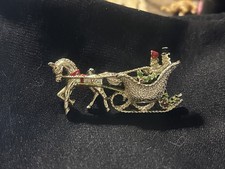 Vintage Gold Tone Christmas Sleigh Green Red Enamel Brooch/Pin Signed Gerry's