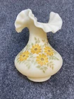 Fenton Crest Ivory Yellow Daisies Glass Fluted Vase 7” Tall Hand painted Signed