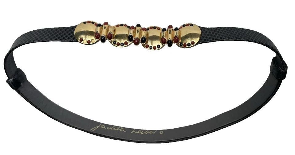 Cinturón vintage de piel de serpiente Judith Leiber con piedras preciosas doradas Foto 3 de 4