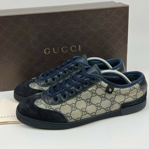 GUCCI low top sneaker beige GG canvas navu blue suede 9.5 US 42.5 EUR 204282  | eBay