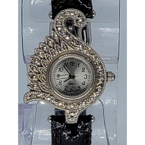 Avon Elegant Swan Black & Silver Toned Wristwatch w/ Adjustable Buckle Band - Picture 4 of 8