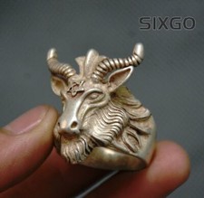3.5cm Old Chinese Silver 12 Zodiac Year Sheep Head Jewelry Hand Ring