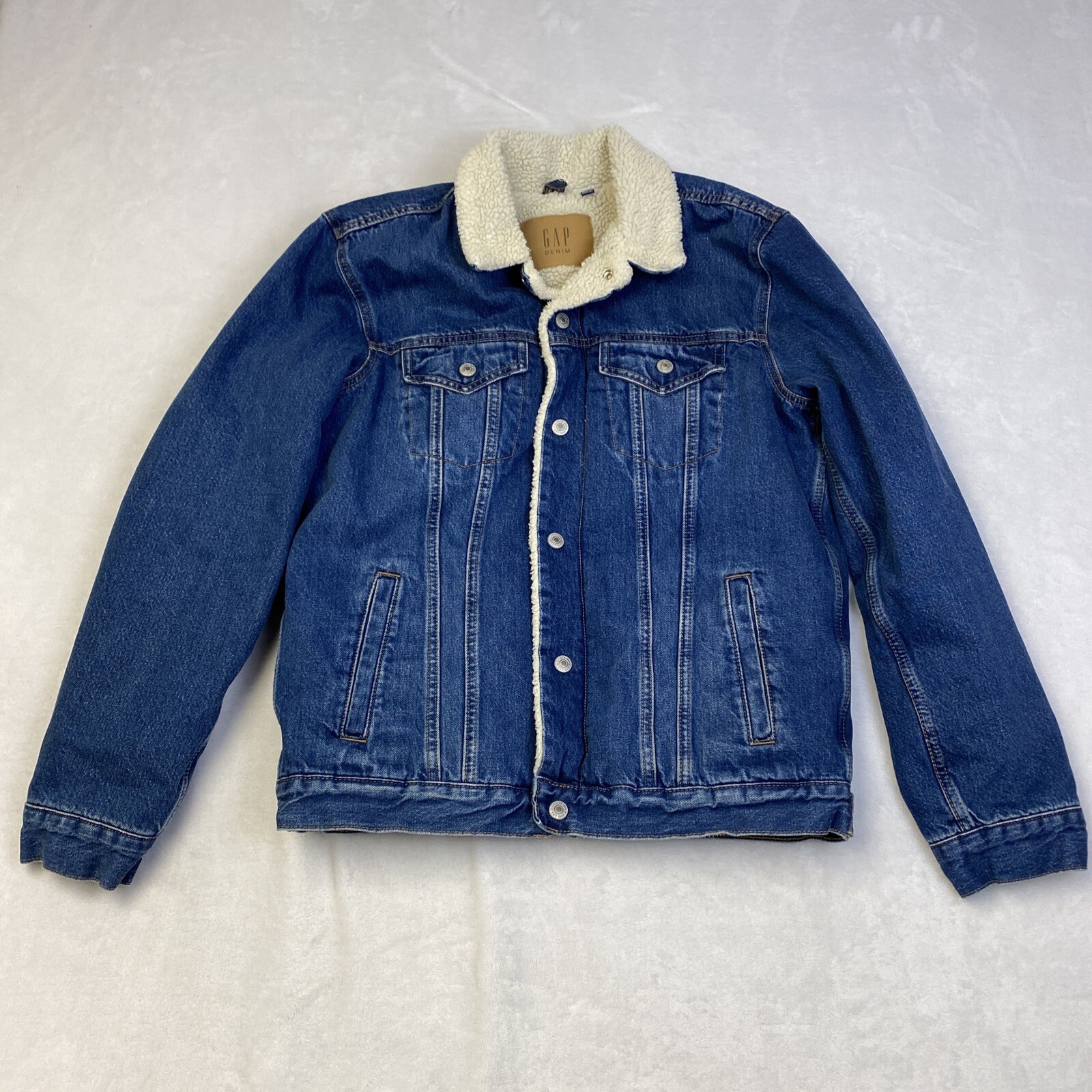 Gap Denim Jacket Mens Large Jean Sherpa Lined Western Snap Chore-image
