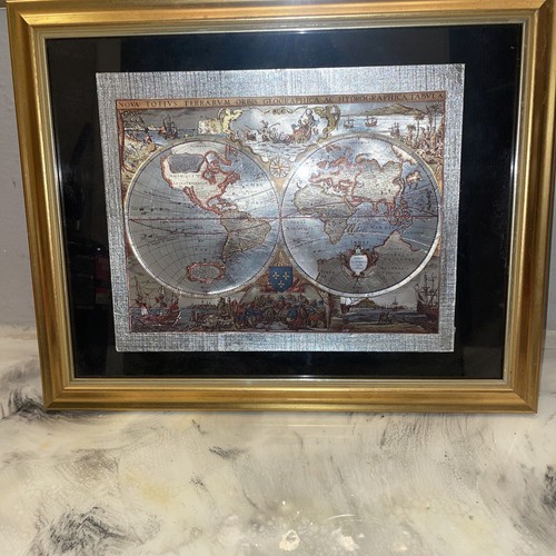 Nova Totivs Terrarvm Orbis Geographica Tabvla Silver Foil World Map Framed - Picture 1 of 3