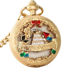Creative Manual Mechanical Pocket Watch Hollow Happy Birthday Design FOB Chain