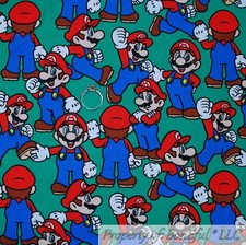 BonEful FABRIC FQ Cotton Quilt Green Blue Red Mario Brothers Game Boy White Dot