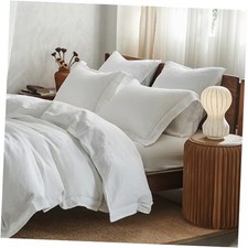 100 Washed Linen Duvet Cover with Embroidered Size 68"x Twin Embroidery White