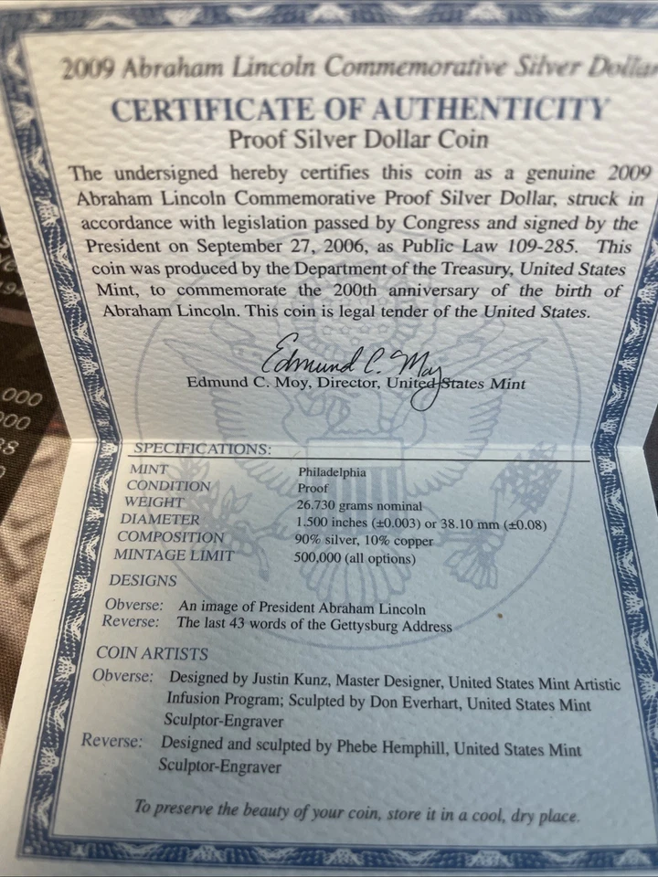 2009 Abraham Lincoln Proof Silver Dollar Commemorative Coin Complete With COA. - Image 4 of 4