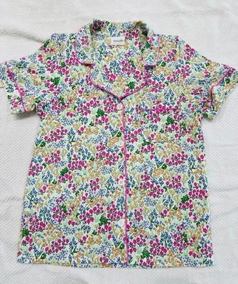 Bed Head Button Down Floral Pajama PJ Top Organic Cotton Short Sleeve Medium