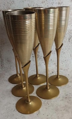 Vintage Messing Sektflöten x6 Weinkelche 24x5,5cm geriffelte Patina 70er Retro Gd