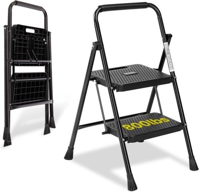 Heavy-Duty 2-Step Foldable Ladder, 800 lbs Capacity, Wide Non-Slip Base