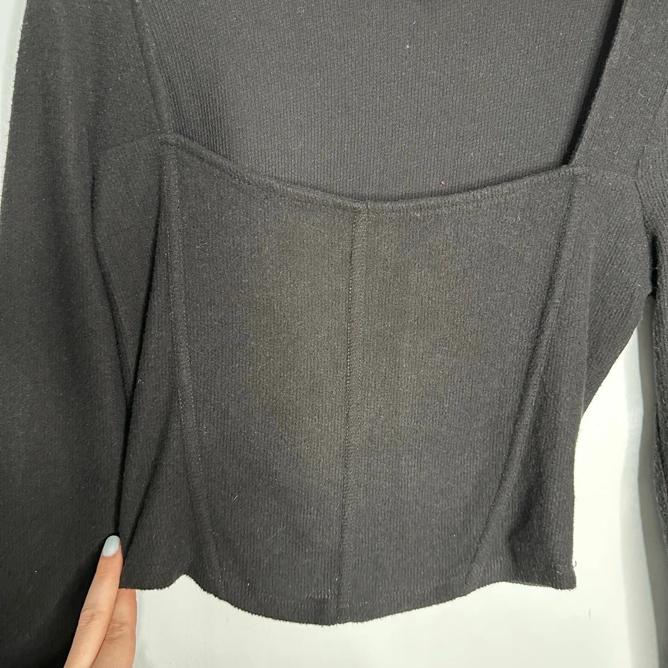 LUSH Women’s Black Corset Silhouette Long Sleeve Knit Top Ribbed Jersey Size M - Image 2 of 4