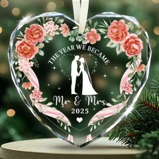 Mr and Mrs 2025 Heart Glass Ornament Just Married First Christmas Bridal Gifts