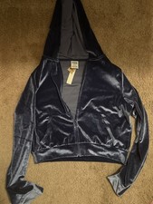 PINK Victoria's Secret Velour Full Zip Hoodie Dark Blue M Rhinestone Logo