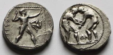 Ancient Greek Silver Stater Aspendos Pamphylia 370–333 BC, 2 Wrestlers & Slinger
