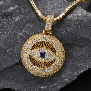 Authentic 5Aaa Cz Hop Hip Iced Out Bling Evil Eye Round Pendant Necklace 14K Gold Plated