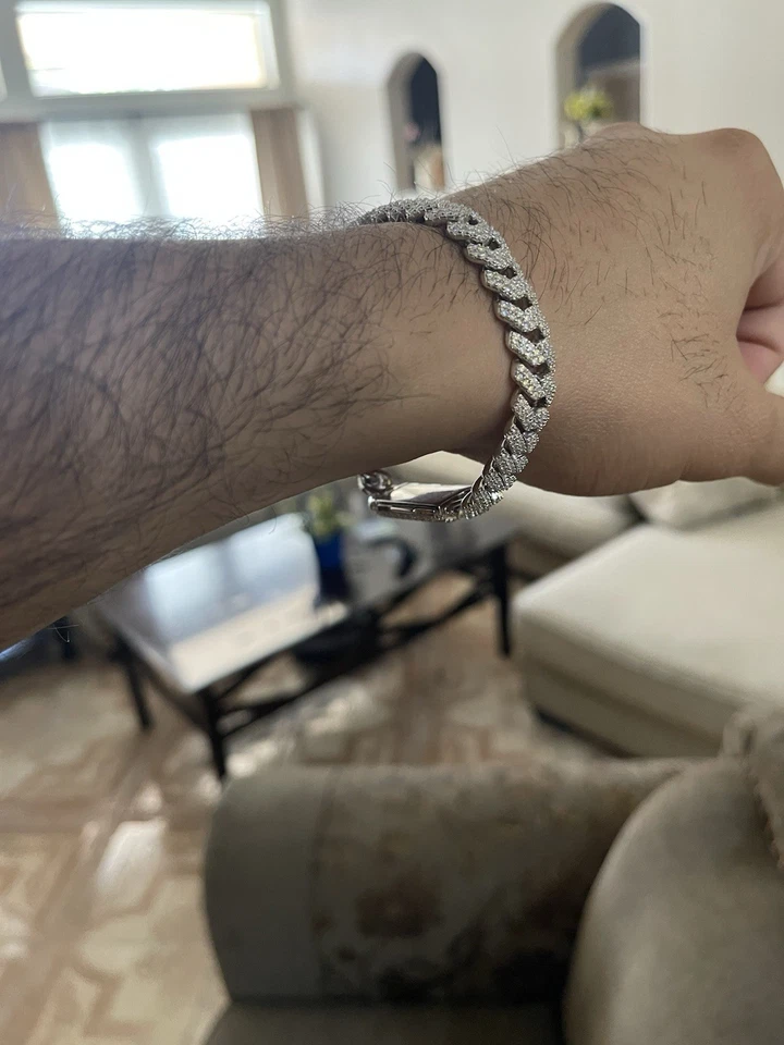 Pulsera de cadena cubana Moissanite VVS1 plata 925 chapada en rodio 7,5 pulgadas 10 mm Foto 3 de 4