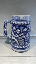 German Beer Stein Mug Blue White Relief Tavern Scene Ceramic Tankard
